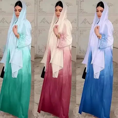 Middle east arab fashion feather clothing solid color gradient dress hijab scarf for muslim women fa